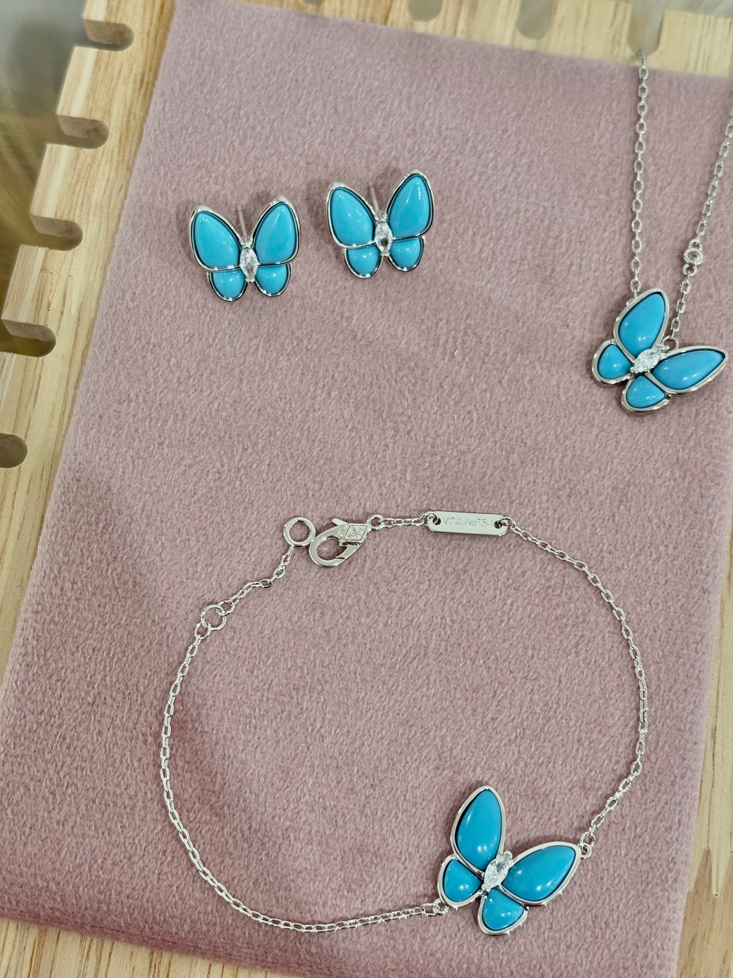 The Turquoise Silver Butterfly Rhinestone Set: Necklace, Bracelet, Earrings