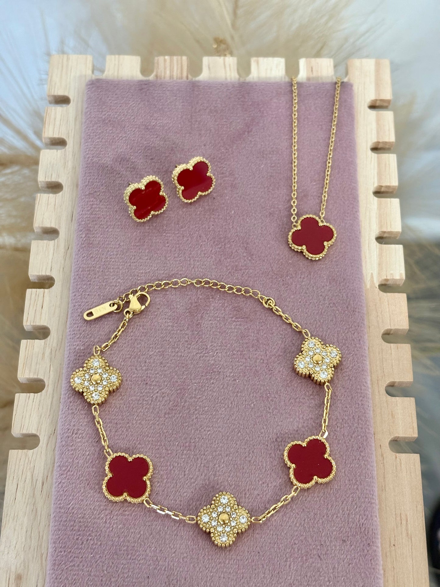 Deep Burgundy & Gold Rhinestone Clover Stainless Steel Jewelry Set: Necklace, Earrings, Bracelet