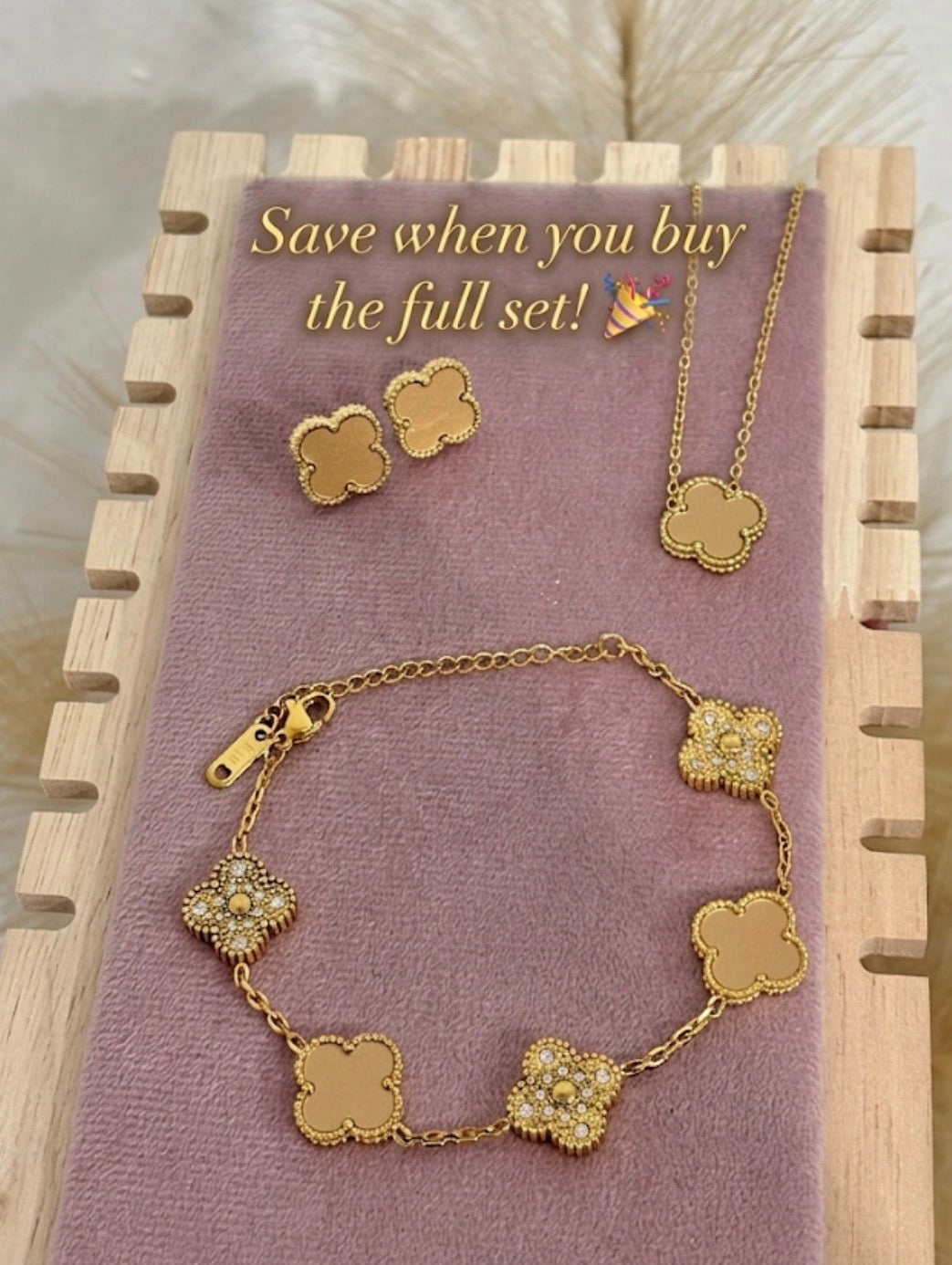 Mocha Brown & Gold Rhinestone Clover Stainless Steel Jewelry Set: Necklace, Earrings, Bracelet