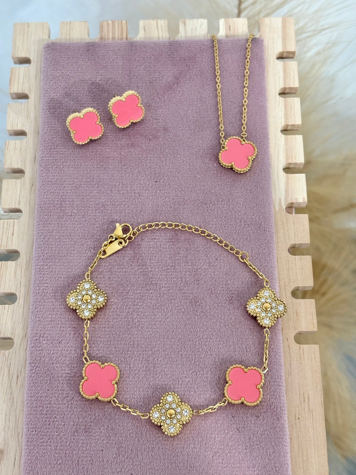 Coral Pink and Gold Clover Stainless Steel Jewelry Set: Necklace, Earrings, Bracelet