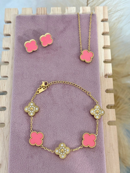 Coral Pink and Gold Clover Stainless Steel Jewelry Set: Necklace, Earrings, Bracelet