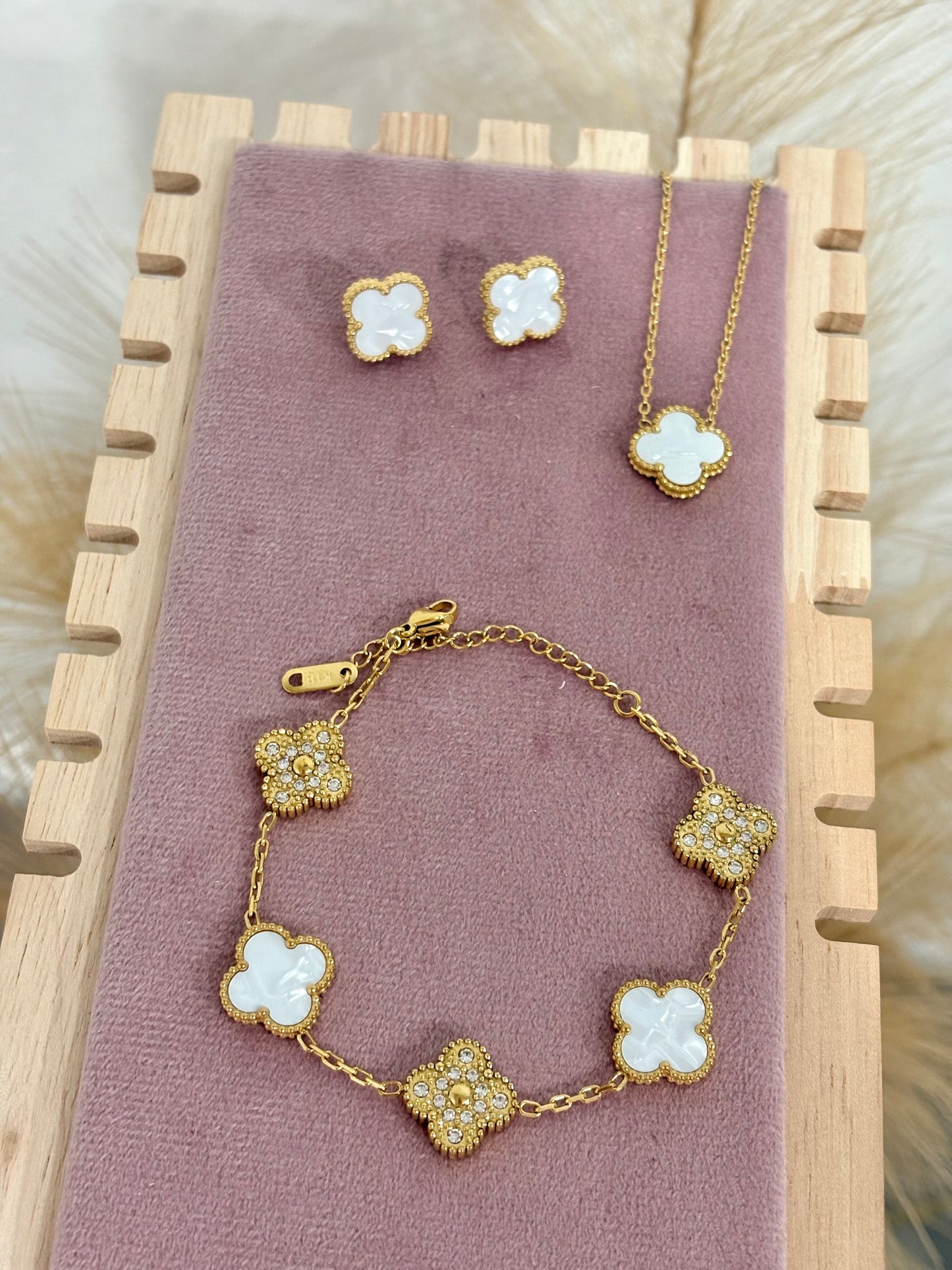 Mother Of Pearl White and Gold Clover Stainless Steel Jewelry Set: Necklace, Earrings, Bracelet