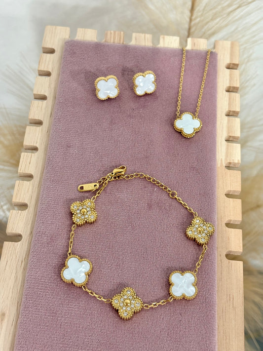 Mother Of Pearl White and Gold Clover Stainless Steel Jewelry Set: Necklace, Earrings, Bracelet