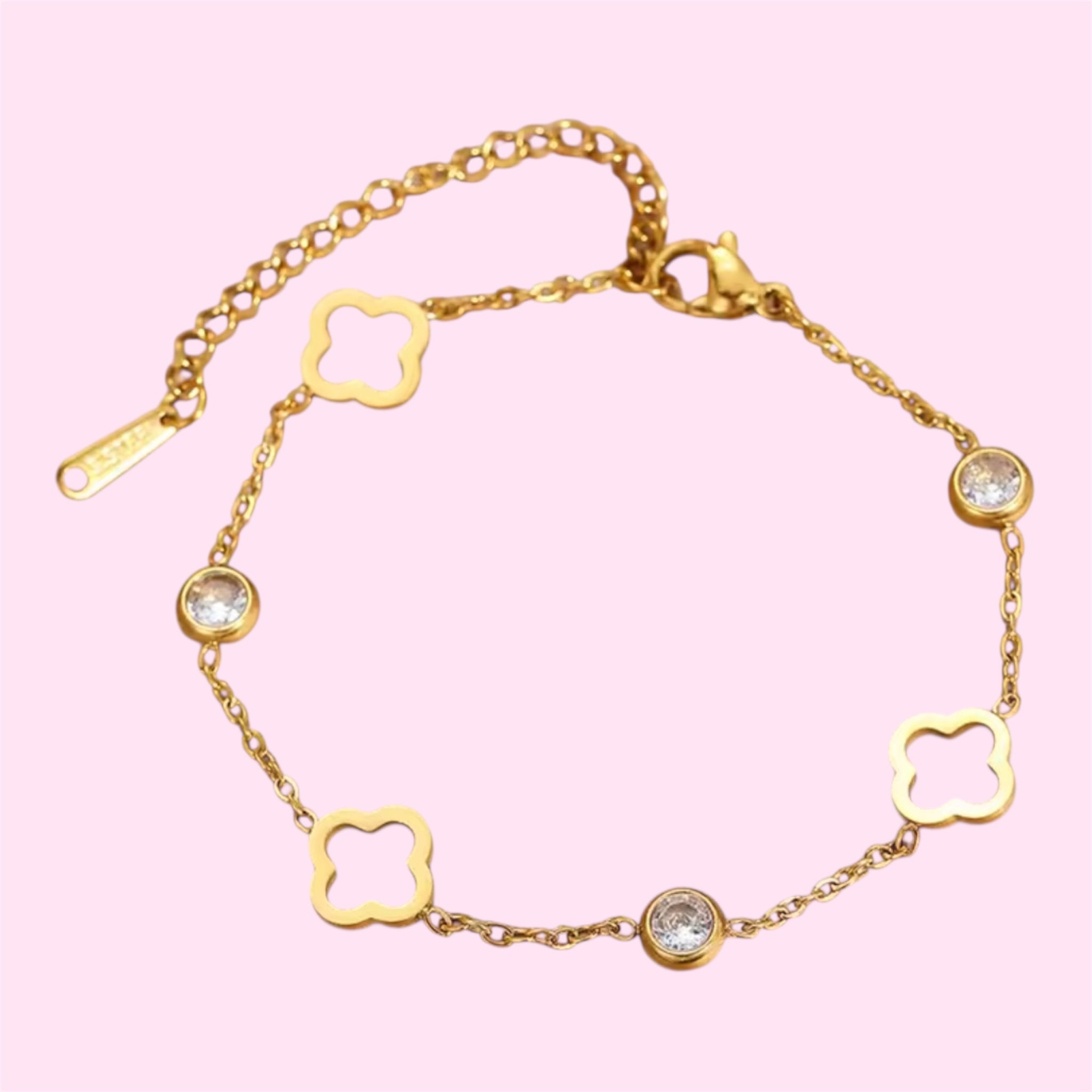 Luckiest Clover Rhinestone Bracelet & Necklace in Gold and Silver Stainless Steel