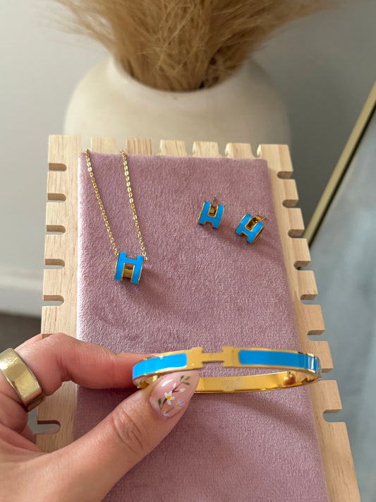 Luxe Blue Set: Necklace, Earrings, & Bracelet with Stamps