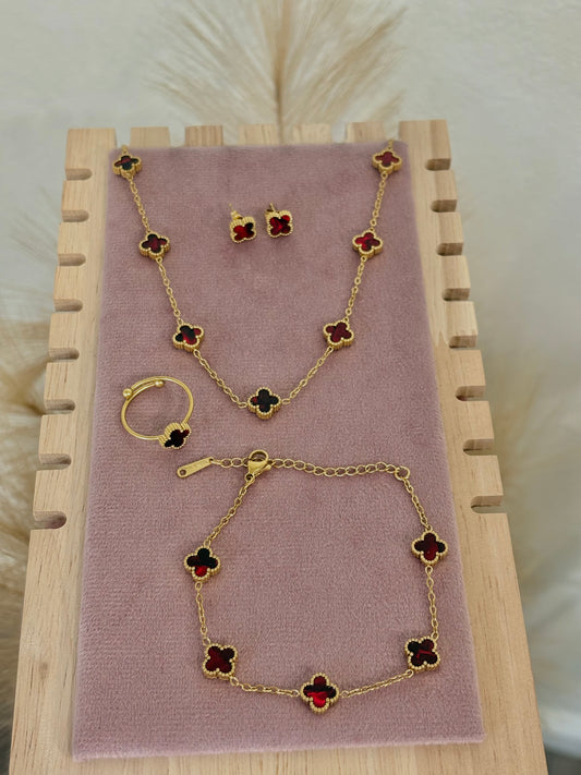Red Baby Clover Stainless Steel Jewelry Set: Necklace, Earrings, Bracelet, Ring