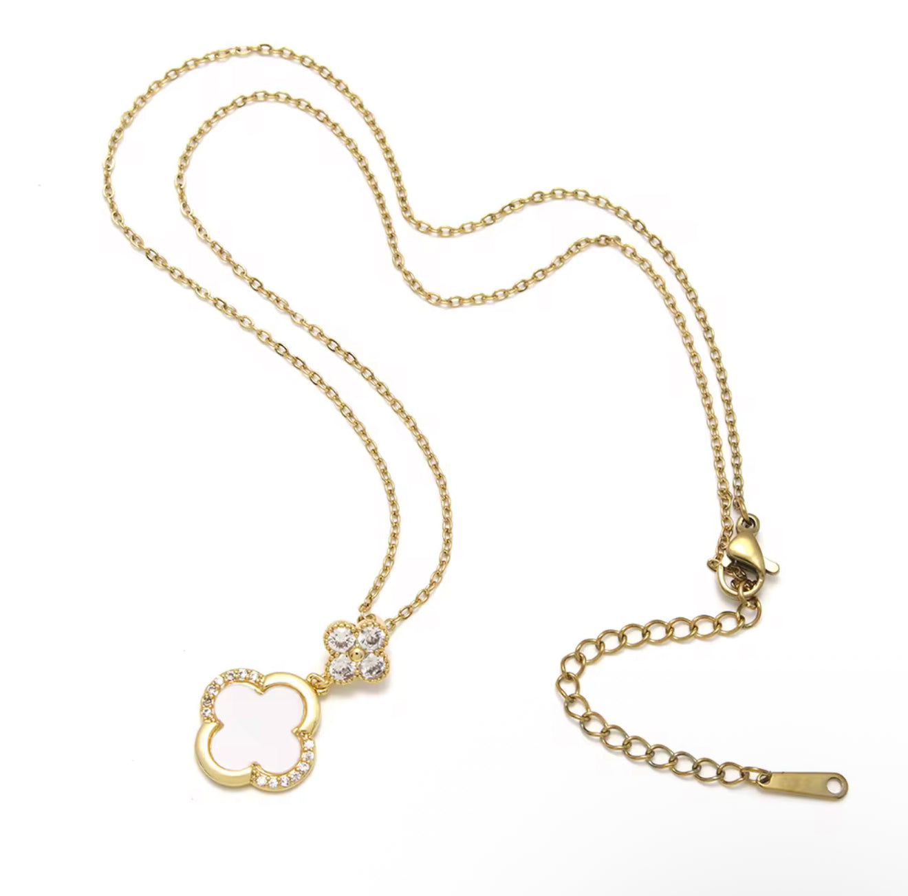 Luxe Clover Zicron Stainless Steel Necklace and Earrings Set: Black and White