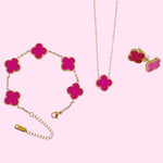 Load image into Gallery viewer, Magenta Clover Stainless Steel Jewelry Set: Necklace, Earrings, Bracelet
