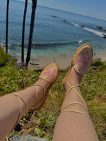 Load image into Gallery viewer, Pink Cross Lace Up Natural Leather Huaraches
