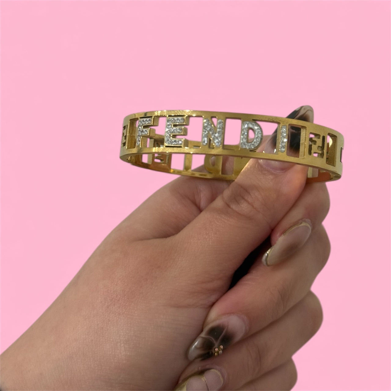 F Zircon Bangle Stainless Steel Bracelet: Gold & Silver