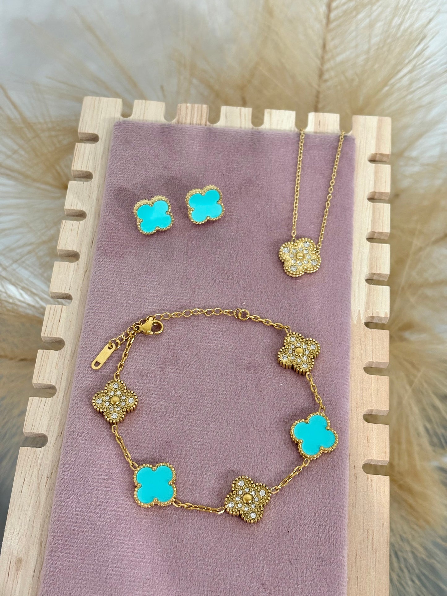 Tiffany Blue and Gold Clover Stainless Steel Jewelry Set: Necklace, Earrings, Bracelet
