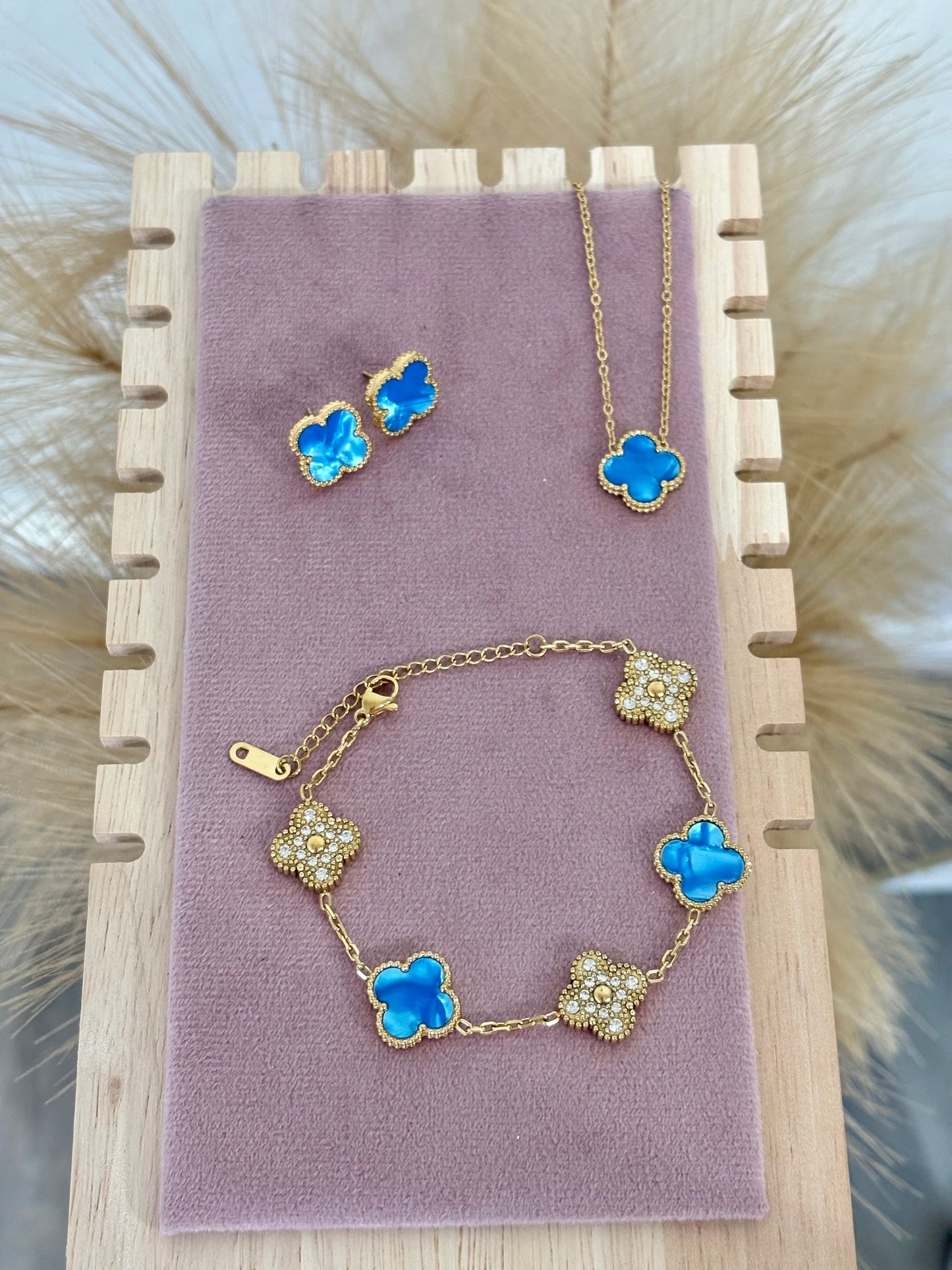 Sky Baby Blue Enamel Clover Stainless Steel Jewelry Set: Necklace, Earrings, Bracelet
