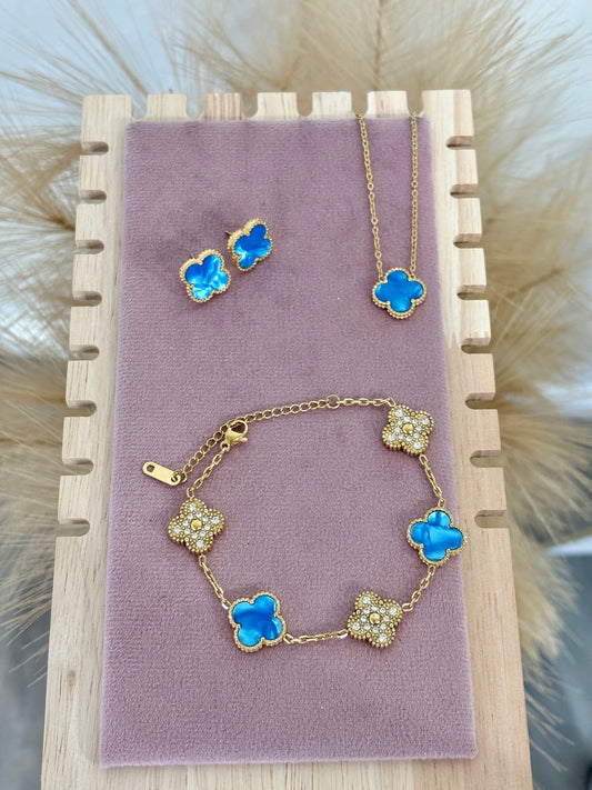 Sky Baby Blue Enamel Clover Stainless Steel Jewelry Set: Necklace, Earrings, Bracelet