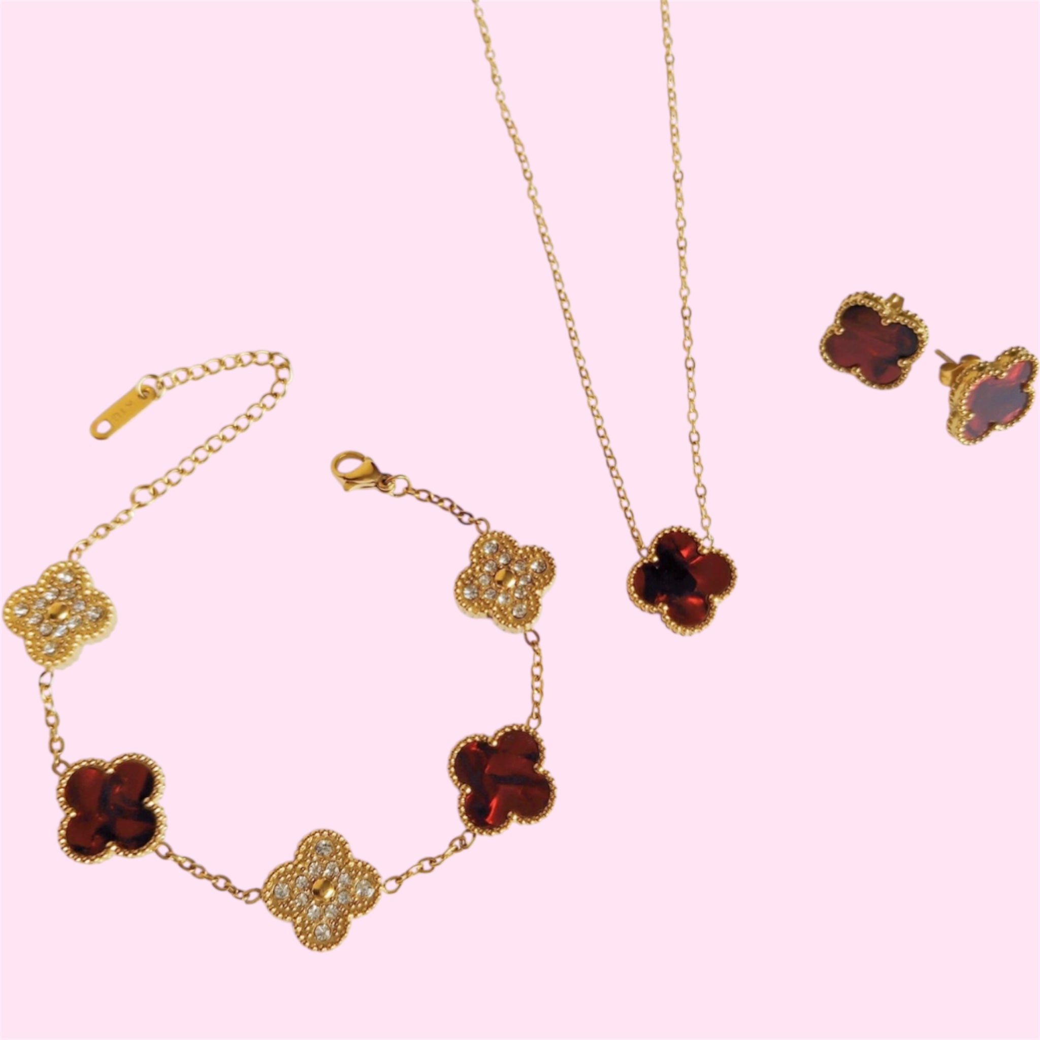 Red & Gold Clover Stainless Steel Jewelry Set: Necklace, Earrings, Bracelet