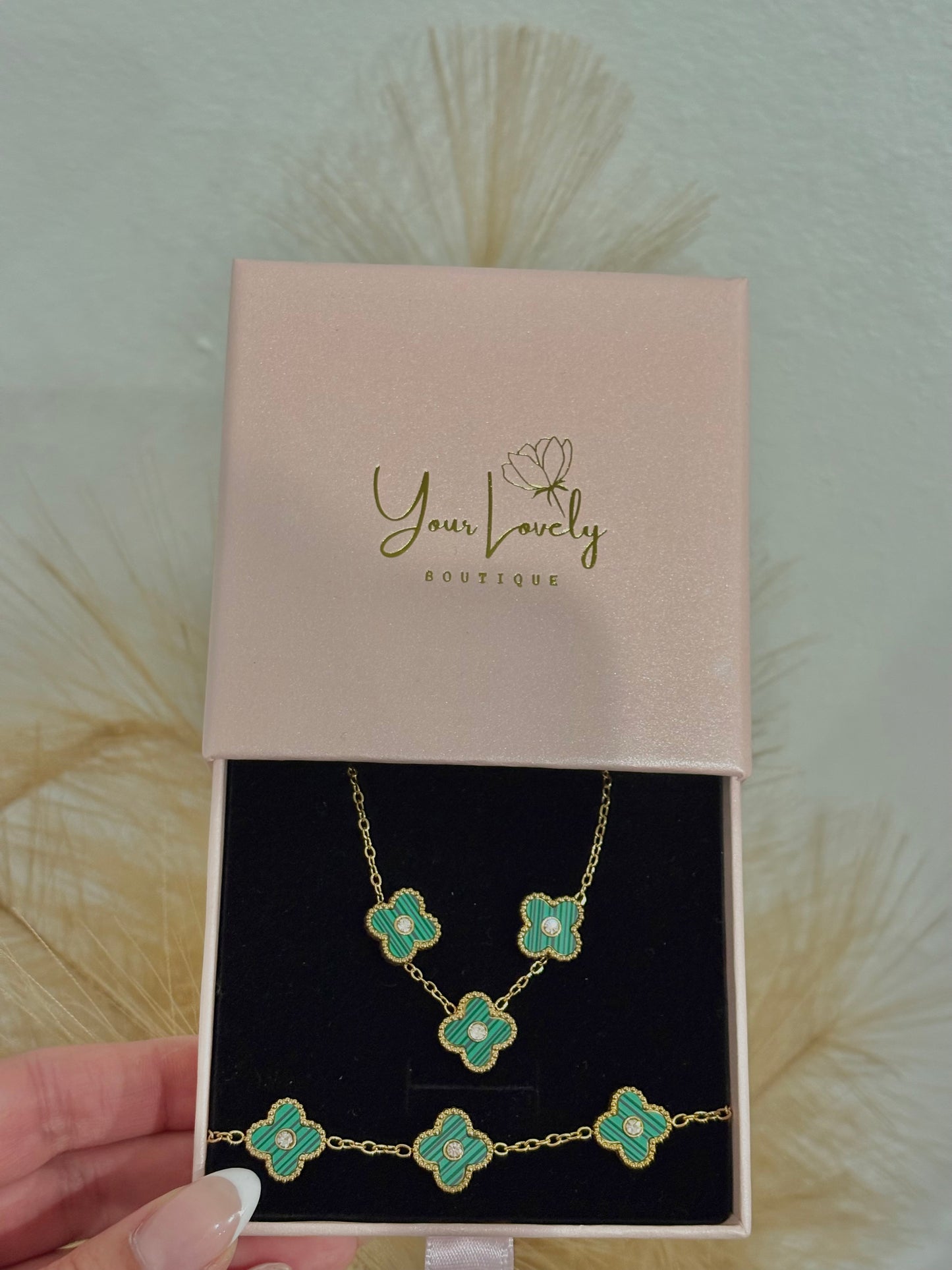 Green Mini Clover Rhinestone Center Stainless Steel Jewelry Set: Necklace, Earrings, Bracelet