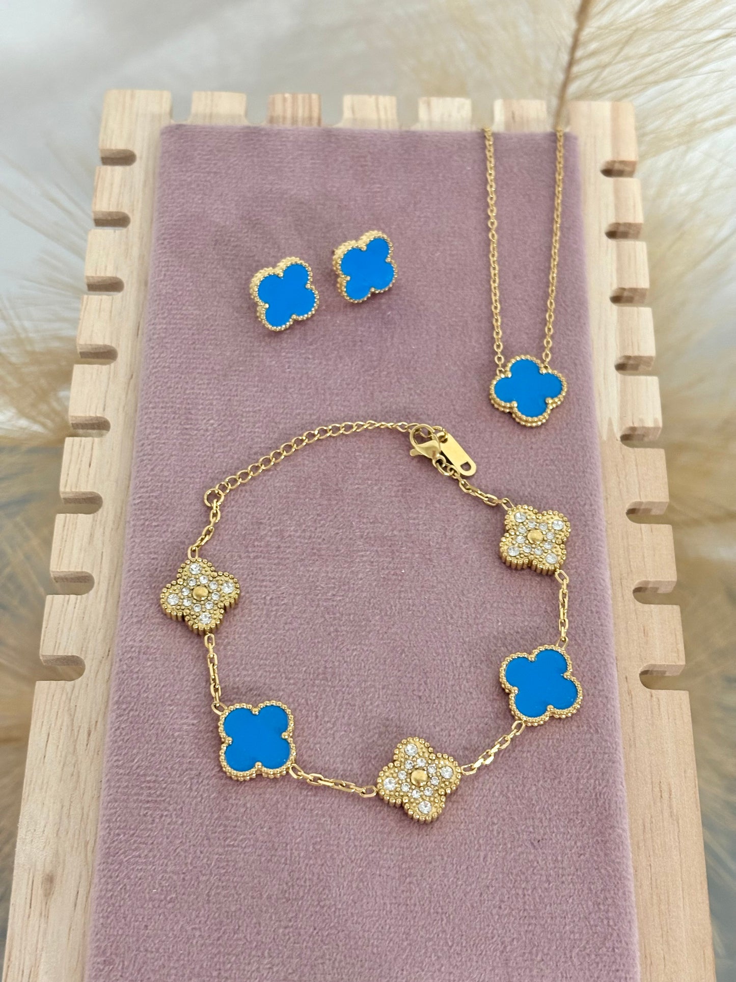 Dodger Blue & Gold Clover Stainless Steel Jewelry Set: Necklace, Earrings, Bracelet