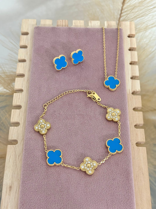 Dodger Blue & Gold Clover Stainless Steel Jewelry Set: Necklace, Earrings, Bracelet