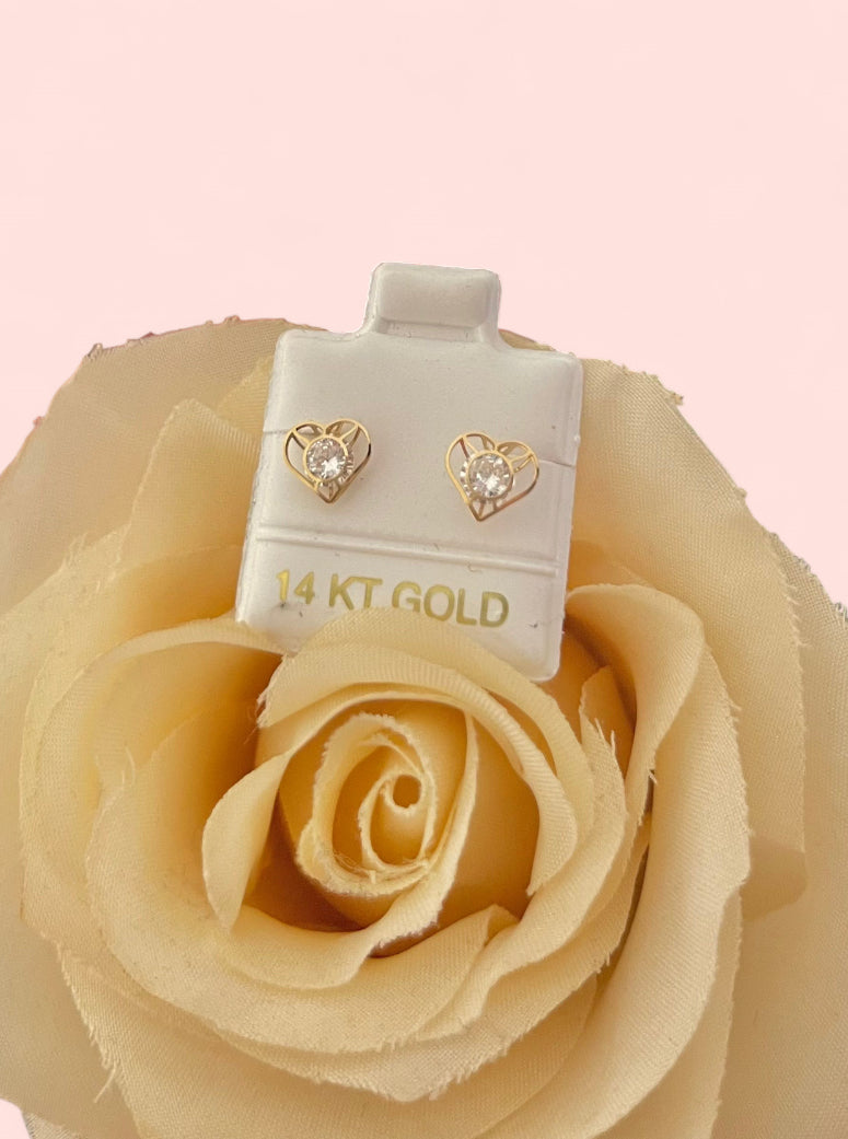 14k Gold Heart Rhinestone Earrings