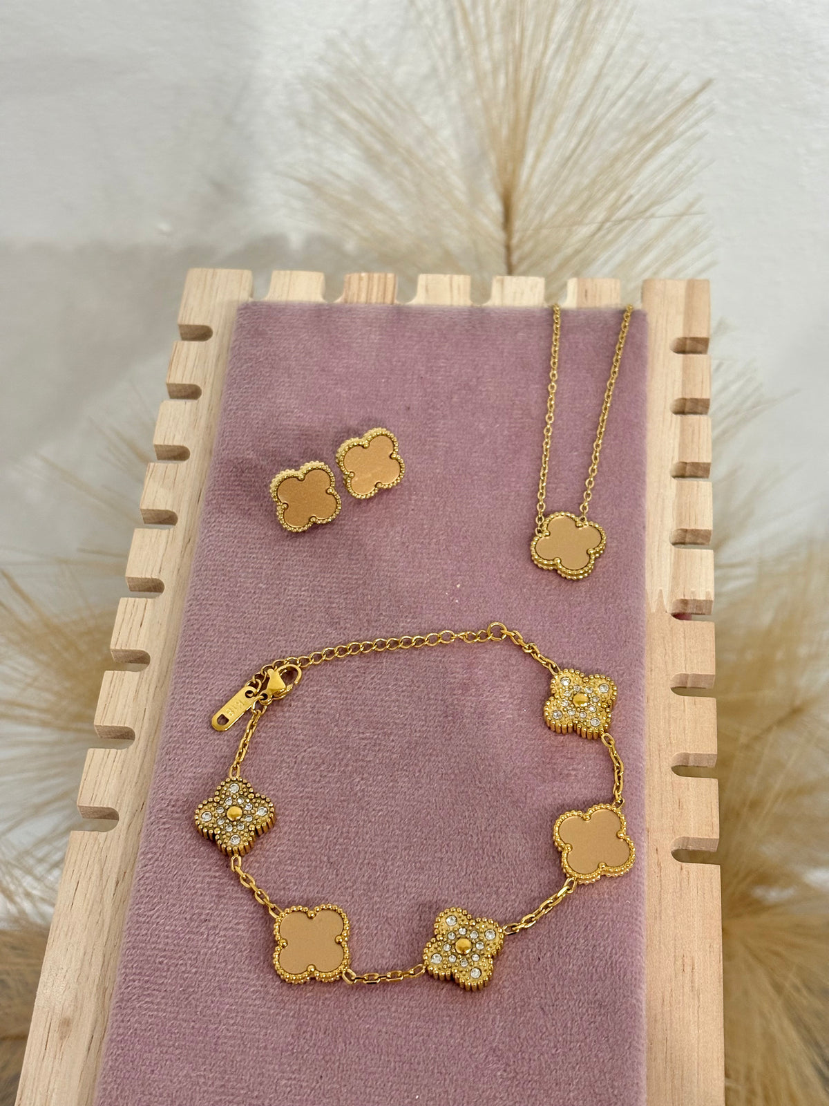 Mocha Brown & Gold Rhinestone Clover Jewelry