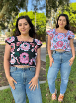 Load image into Gallery viewer, Coquetta Hand-Embroidered Pink Floral Taffeta Top with Satin Bows
