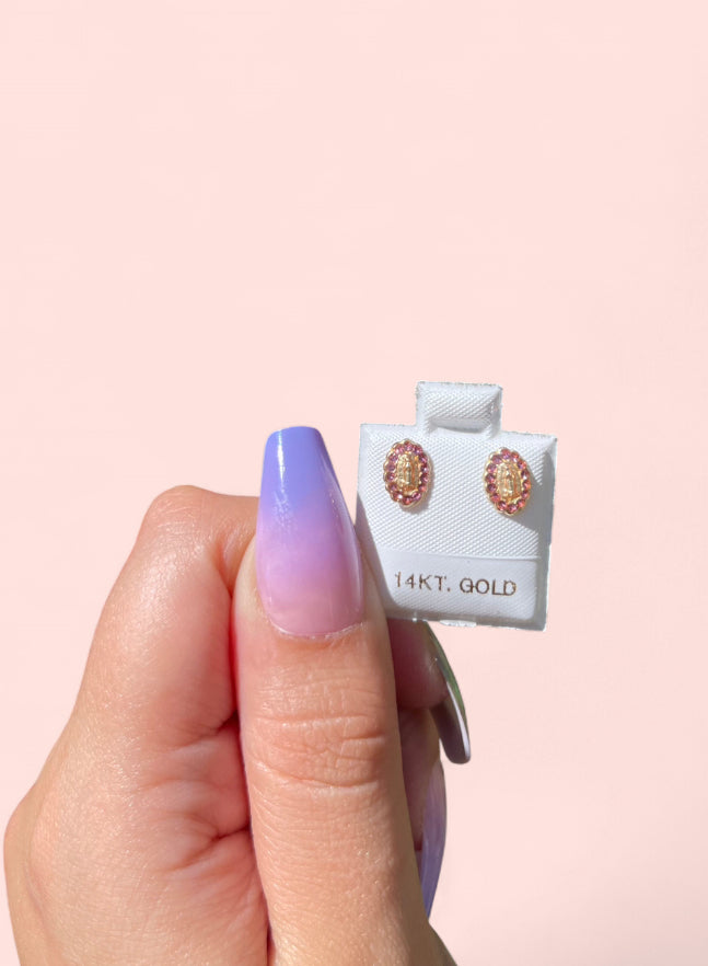 14k Gold Virgin Mary Oval Pink Earrings