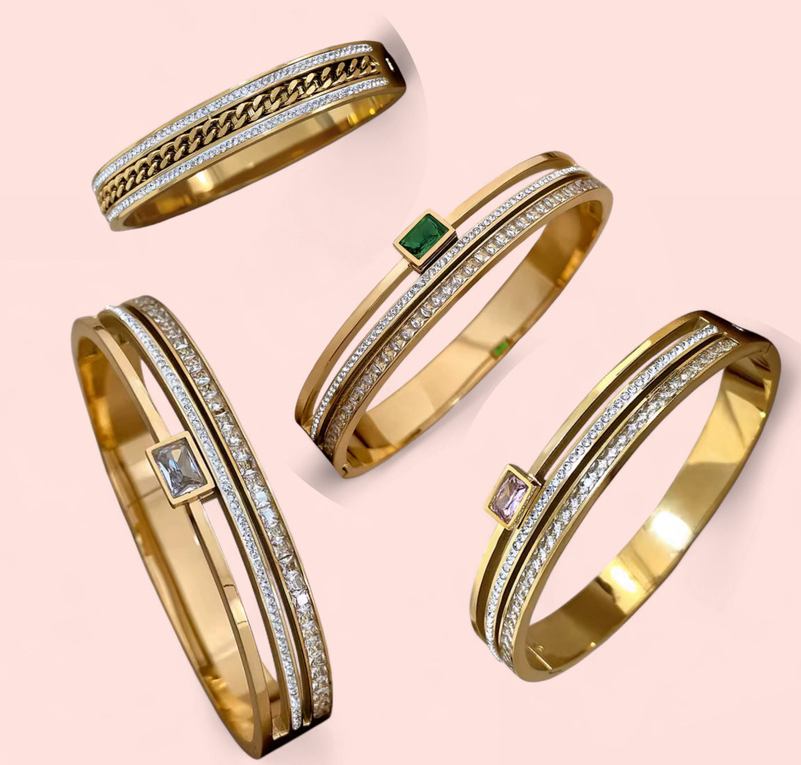 Luxe Gold Bangle Stainless Steel Bracelet: Cuban Chain, Jade, Crystal Pink, Crystal White