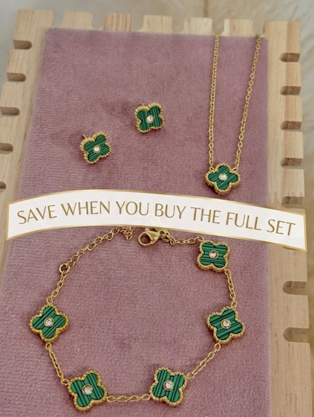 Green Mini Clover Rhinestone Center Stainless Steel Jewelry Set: Necklace, Earrings, Bracelet