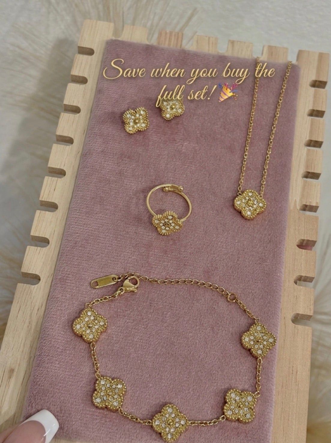 Gold Rhinestone Clover Stainless Steel Jewelry Set: Necklace, Earrings, Bracelet, Ring