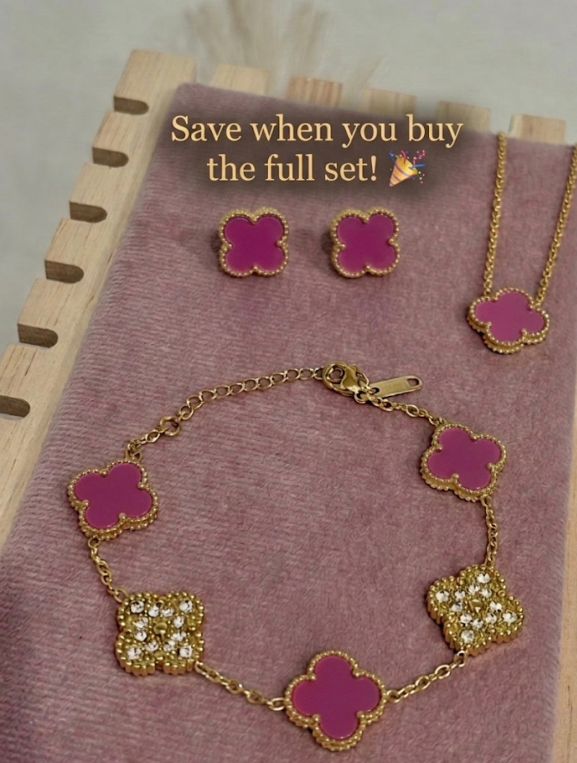 Magenta & Gold Clover Stainless Steel Jewelry Set: Necklace, Earrings, Bracelet