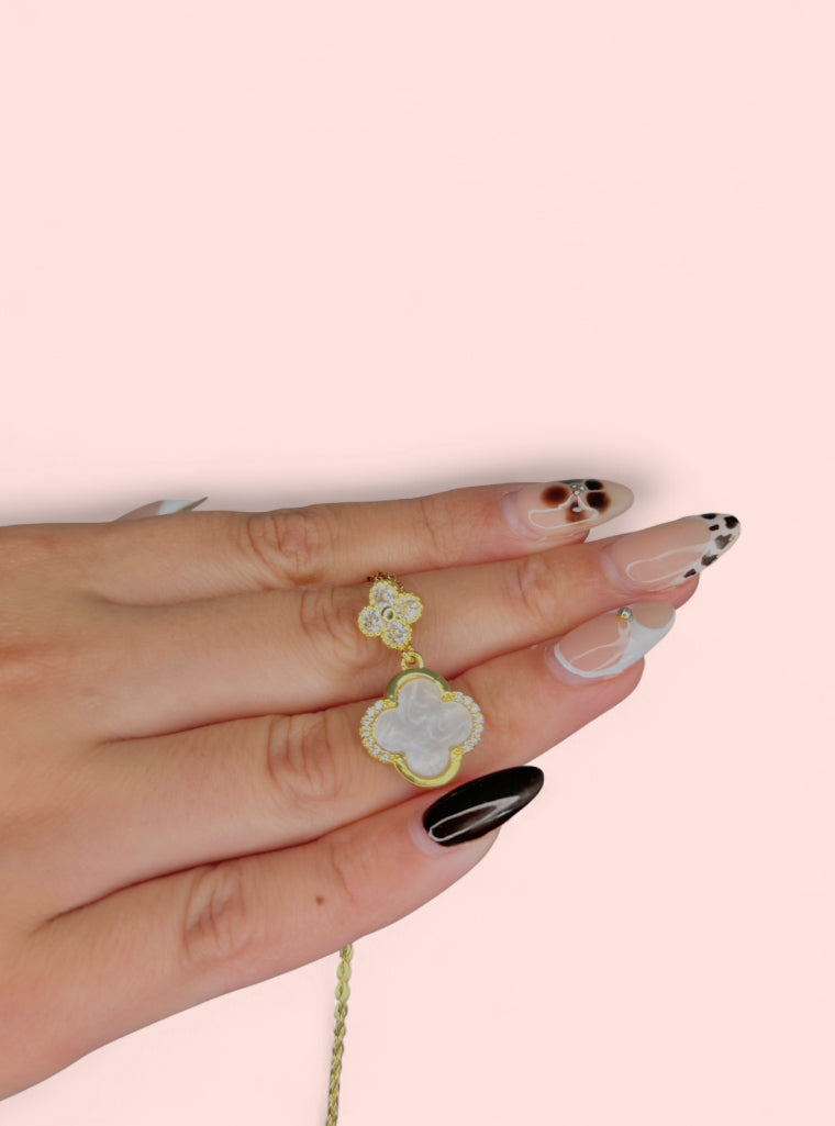 Luxe Clover Zicron Stainless Steel Necklace and Earrings Set: Black and White