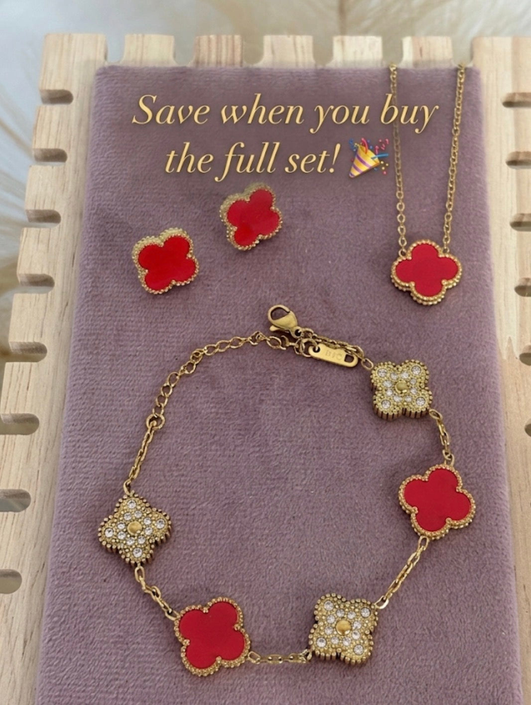 Vibrant Red and Gold Clover Stainless Steel Jewelry Set: Necklace, Earrings, Bracelet