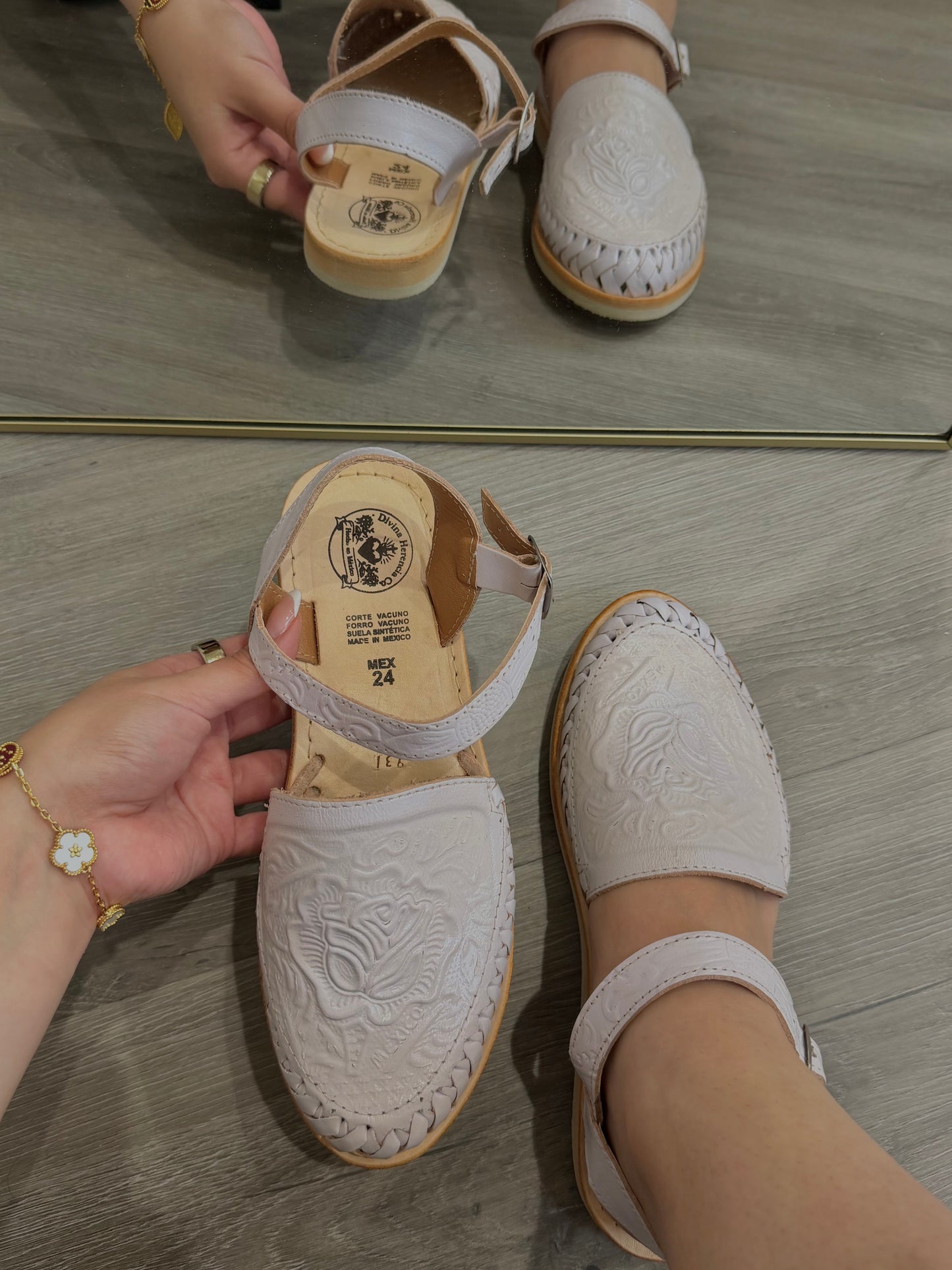 White Floral Leather Huaraches with Ankle Strap