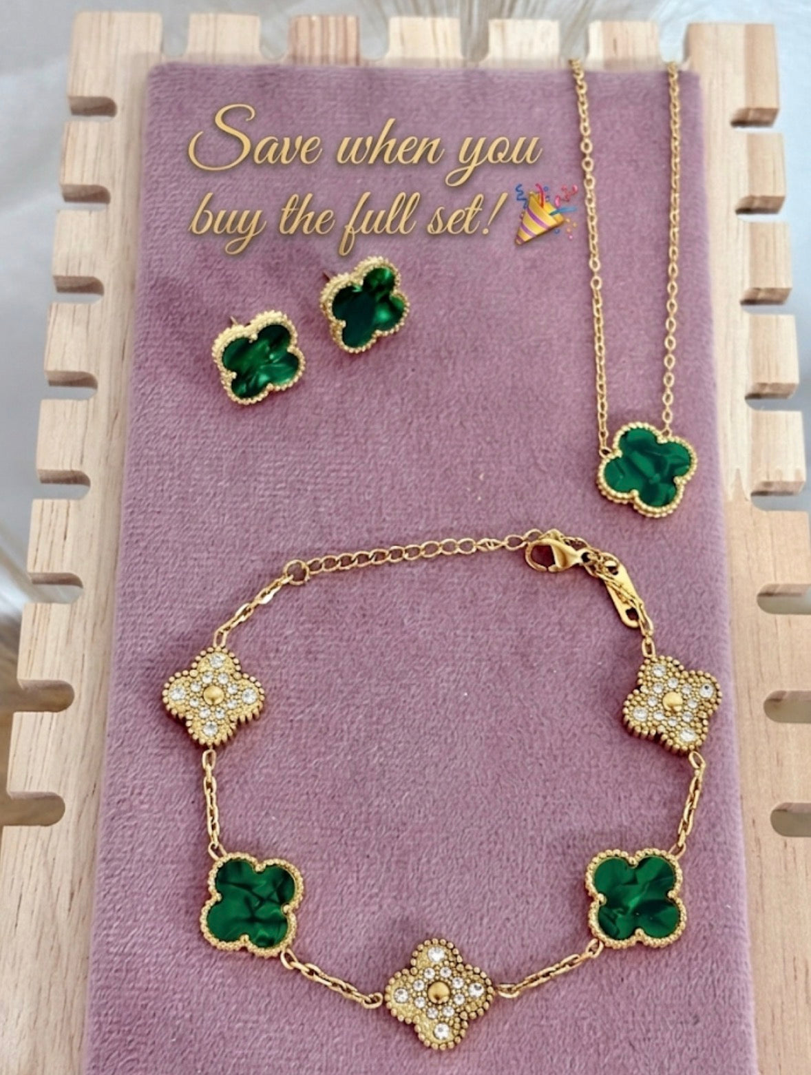 Emerald Green & Gold Rhinestone Clover Stainless Steel Jewelry Set: Necklace, Earrings, Bracelet