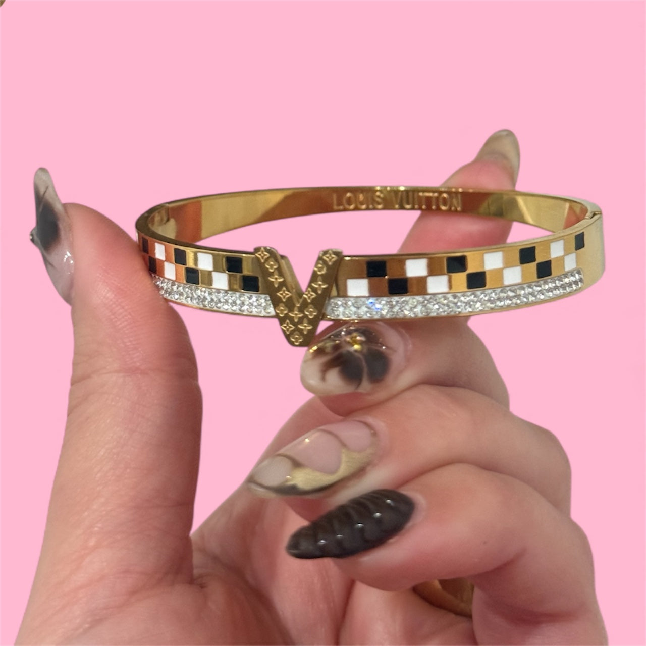 LV B&W Checkers Bangle Stainless Steel Bracelet: Gold and Silver