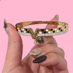 Load image into Gallery viewer, LV B&amp;W Checkers Bangle Stainless Steel Bracelet: Gold and Silver
