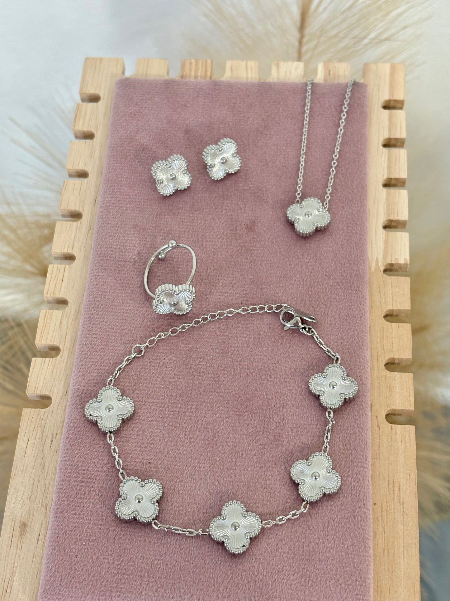 Silver Clover Stainless Steel Jewelry Set: Necklace, Earrings, Bracelet, Ring