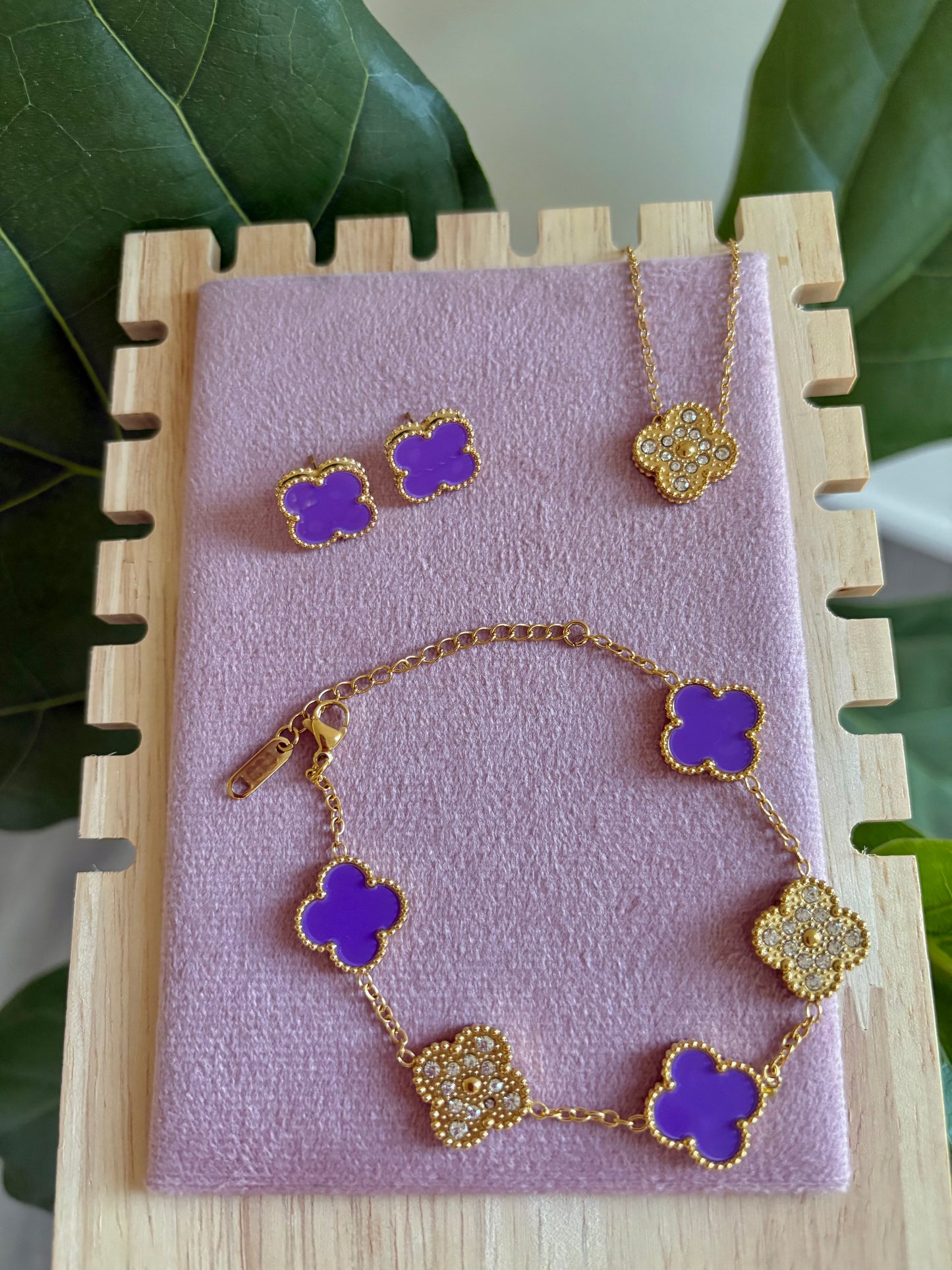 Violet Gold Rhinestones Clover Stainless Steel Jewelry Set: Necklace, Earrings, Bracelet