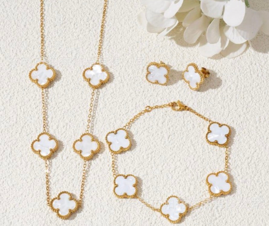 Classic White and Gold Clover Jewelry Set: 5 Necklace, Earrings, and Bracelet