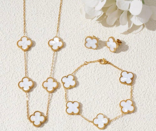 Classic White and Gold Clover Jewelry Set: 5 Necklace, Earrings, and Bracelet