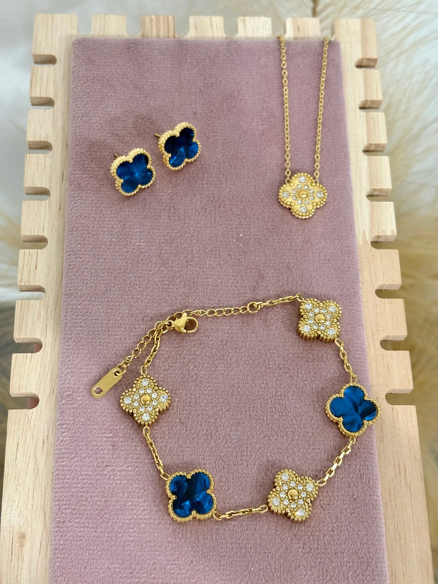 Blue & Gold Clover Stainless Steel Jewelry Set: Necklace, Earrings, Bracelet