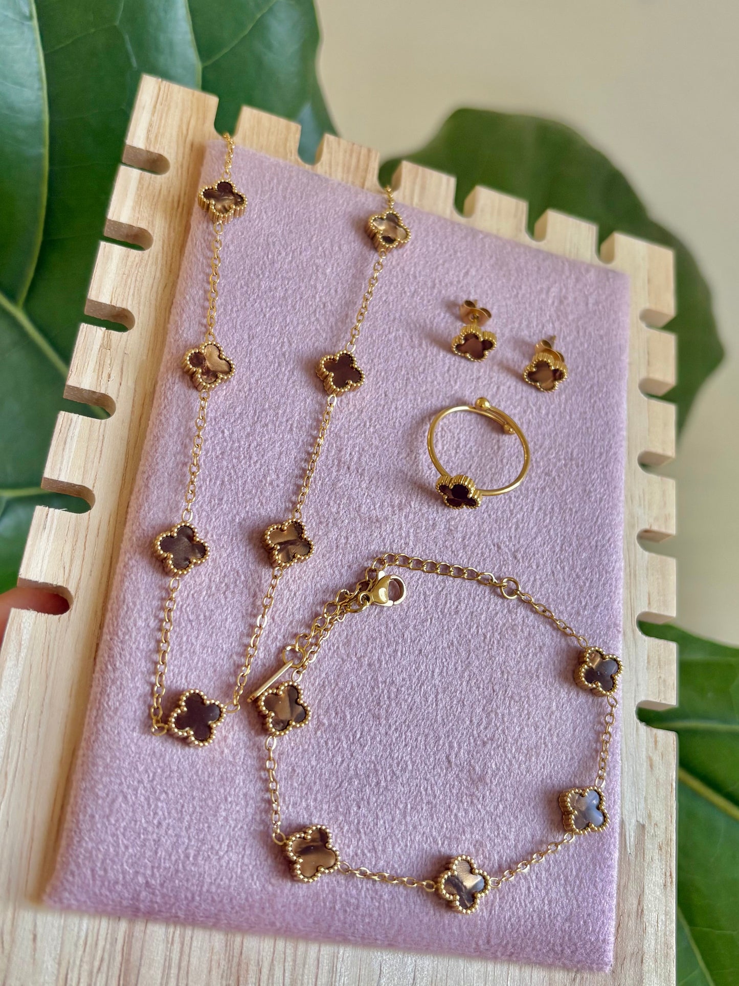 Baby Brown Enamel Clover Stainless Steel Jewelry Set: Necklace, Earrings, Bracelet, Ring