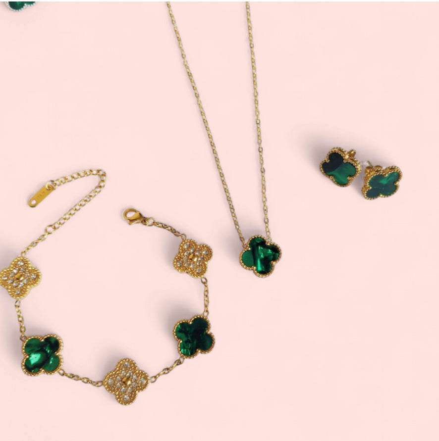 Emerald Green & Gold Rhinestone Clover Stainless Steel Jewelry Set: Necklace, Earrings, Bracelet