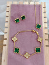 Emerald Green & Gold Rhinestone Clover Stainless Steel Jewelry Set: Necklace, Earrings, Bracelet