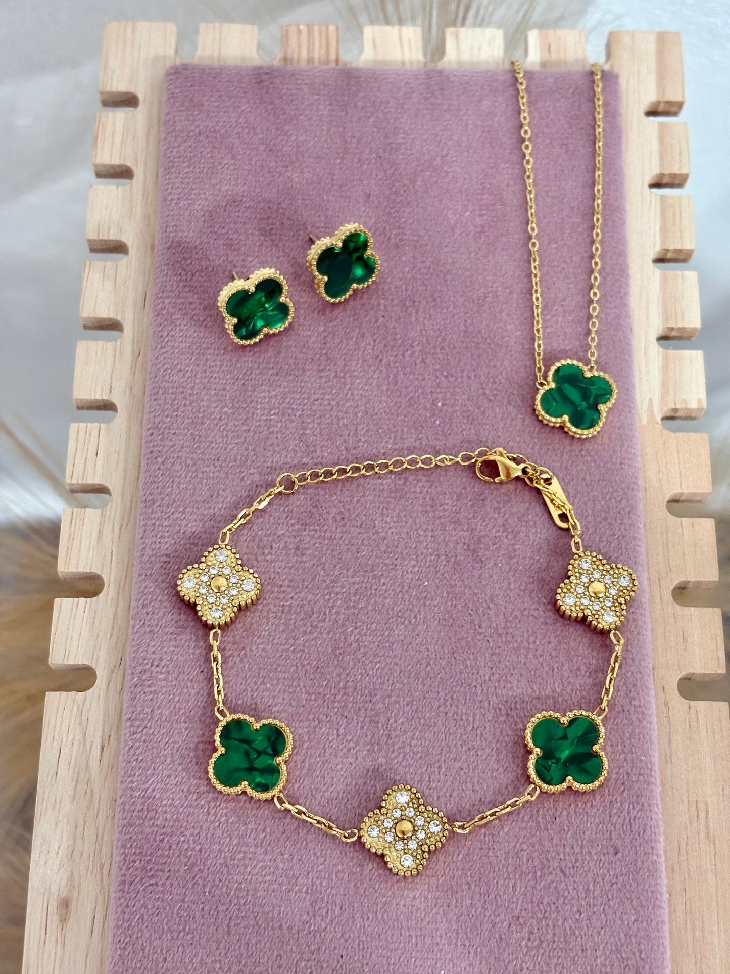 Emerald Green & Gold Rhinestone Clover Stainless Steel Jewelry Set: Necklace, Earrings, Bracelet
