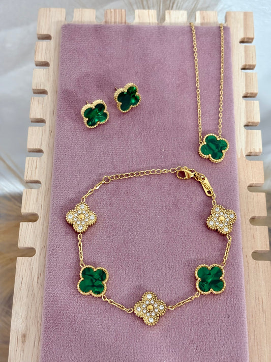 Emerald Green & Gold Rhinestone Clover Stainless Steel Jewelry Set: Necklace, Earrings, Bracelet