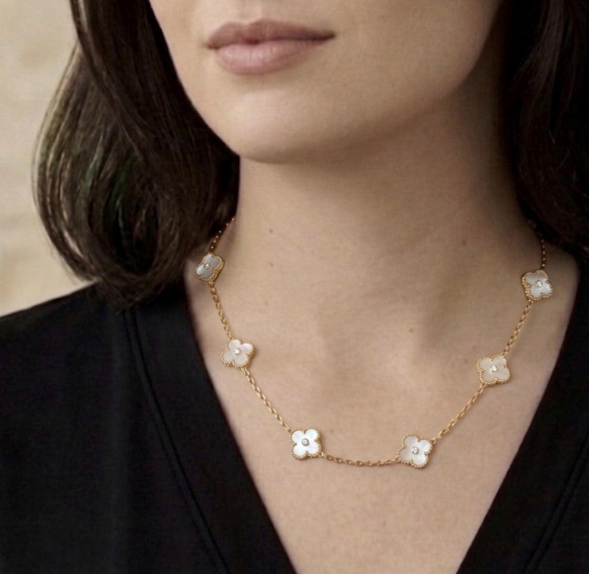 White Mini 7 Clover Rhinestone Center Stainless Steel Necklace