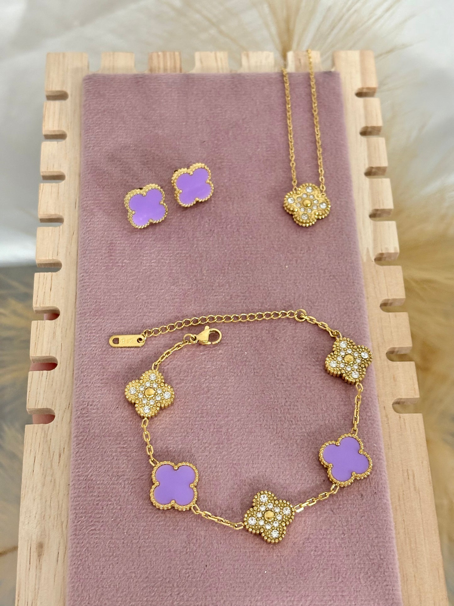 Lilac and Gold Rhinestones Clover Stainless Steel Jewelry Set: Necklace, Earrings, Bracelet