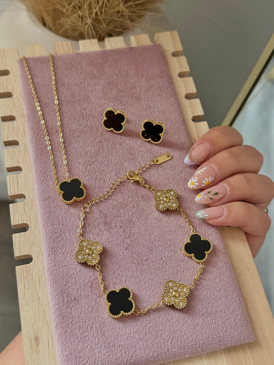Black and Gold Clover Stainless Steel Jewelry Set: Necklace, Earrings, Bracelet