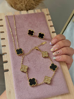 Load image into Gallery viewer, Black and Gold Clover Stainless Steel Jewelry Set: Necklace, Earrings, Bracelet
