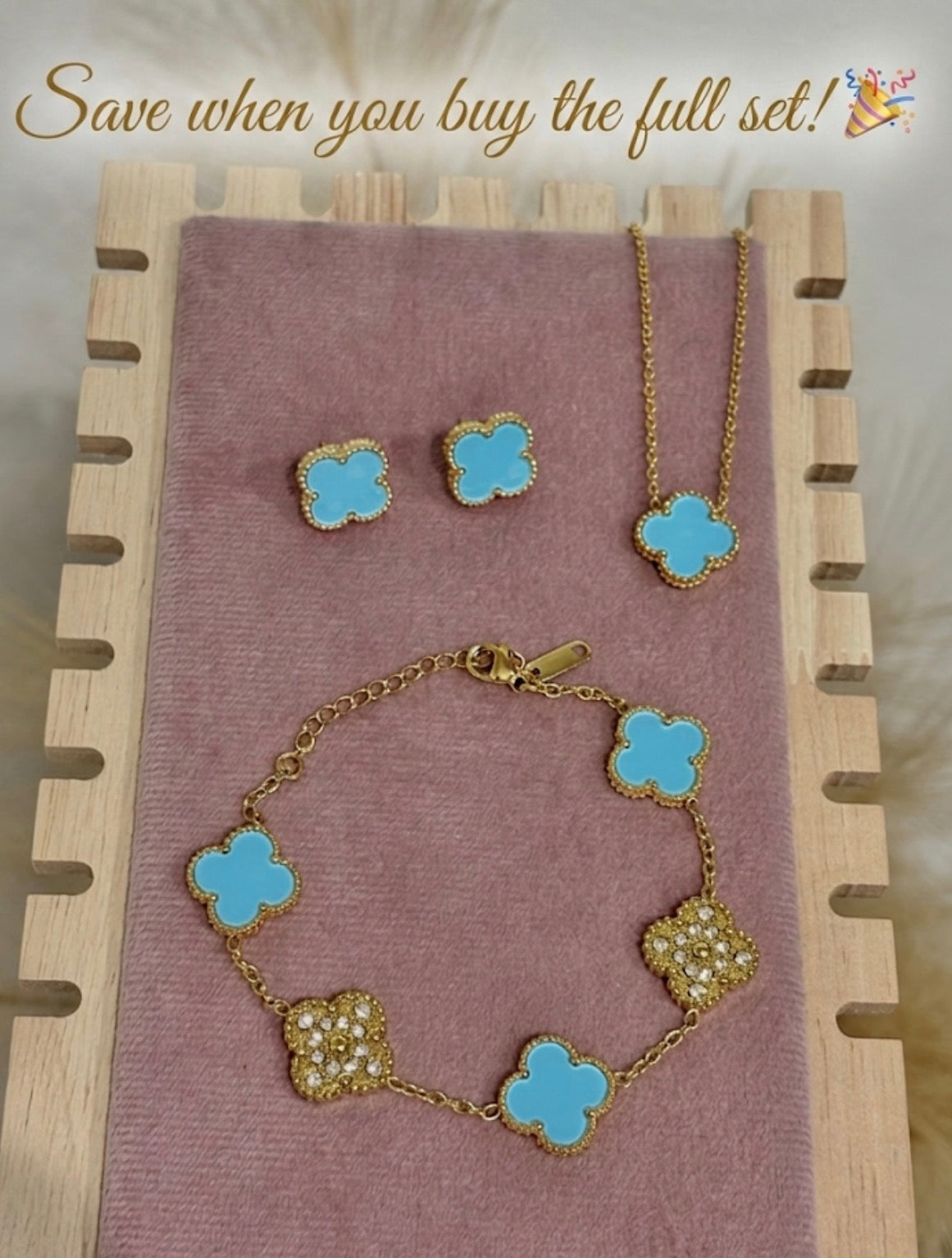 Baby Blue & Gold Clover Stainless Steel Jewelry Set: Necklace, Earrings, Bracelet